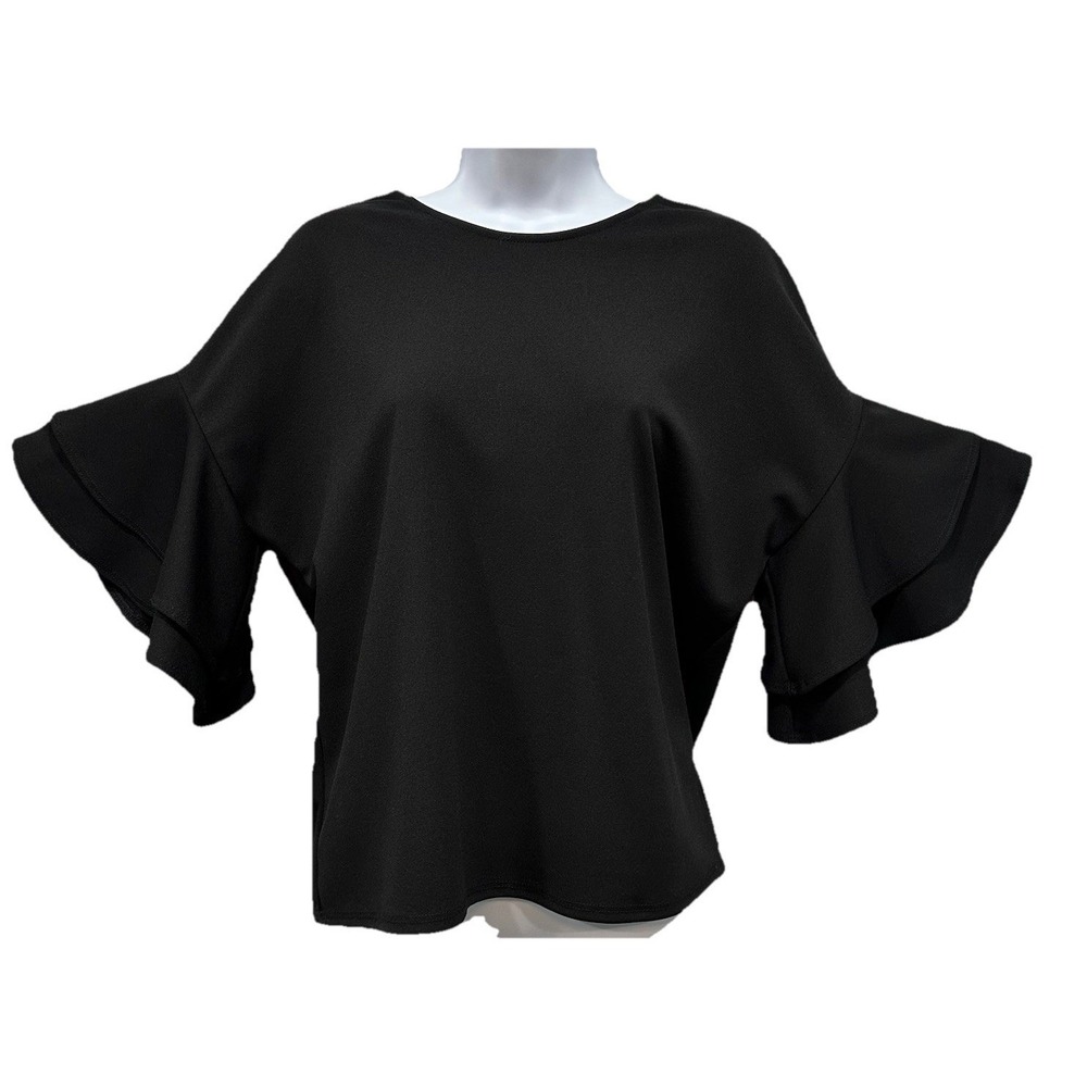 Francesca's Blue Rain Blouse Women's Size Small Black Wide Sleeves Back Button
